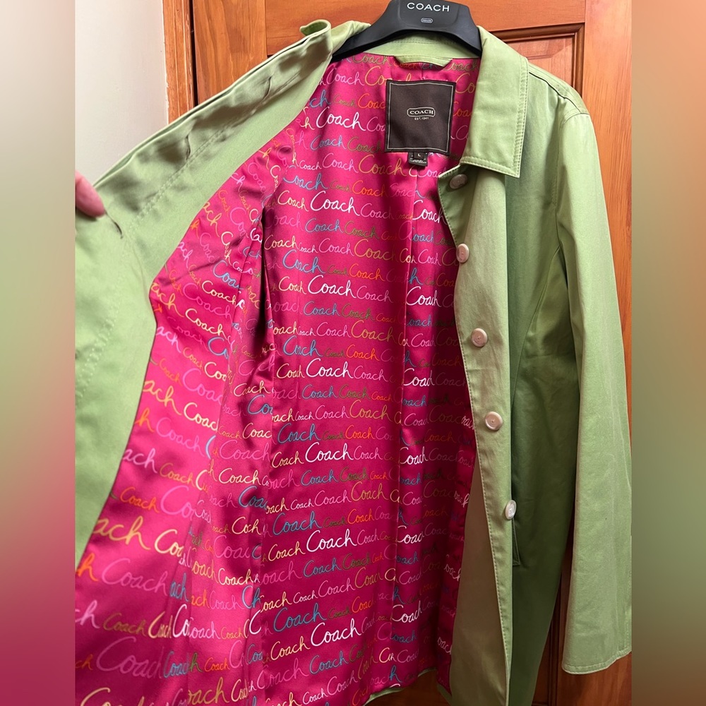 Coach lime green a-line pink lined cotton car coat hidden button placket Sz L
